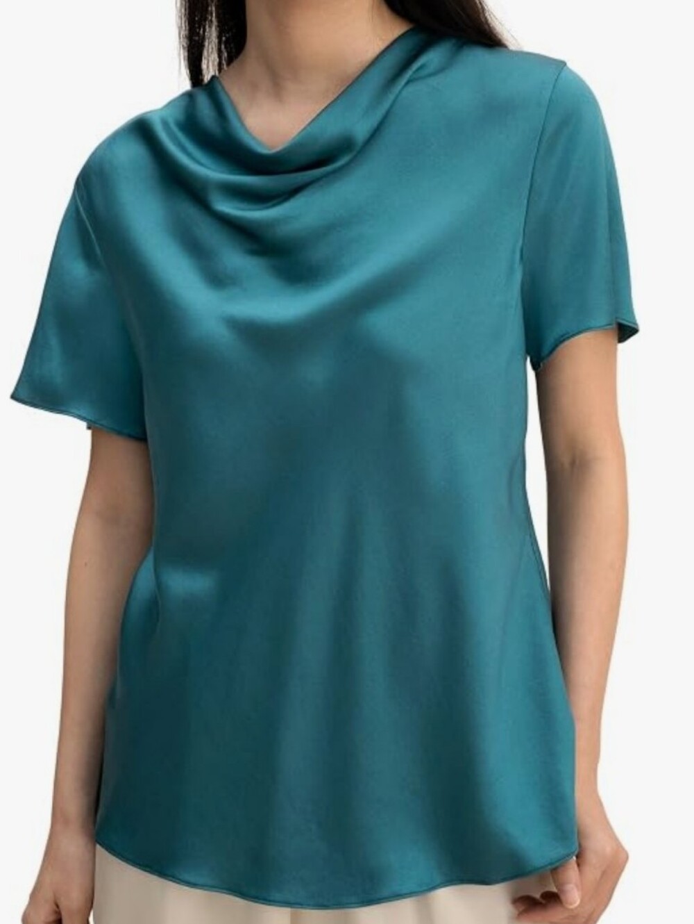 Lilysilk Cowl Neck Short Sleeves Silk T-Shirt Puli Top Adriatric Blue  Size 12